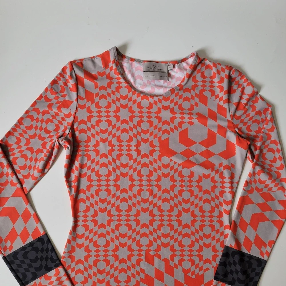 Preen by Thornton Bregazzi Dress Orange Printed Jersey Knit Long Sleeve‎ Bodycon